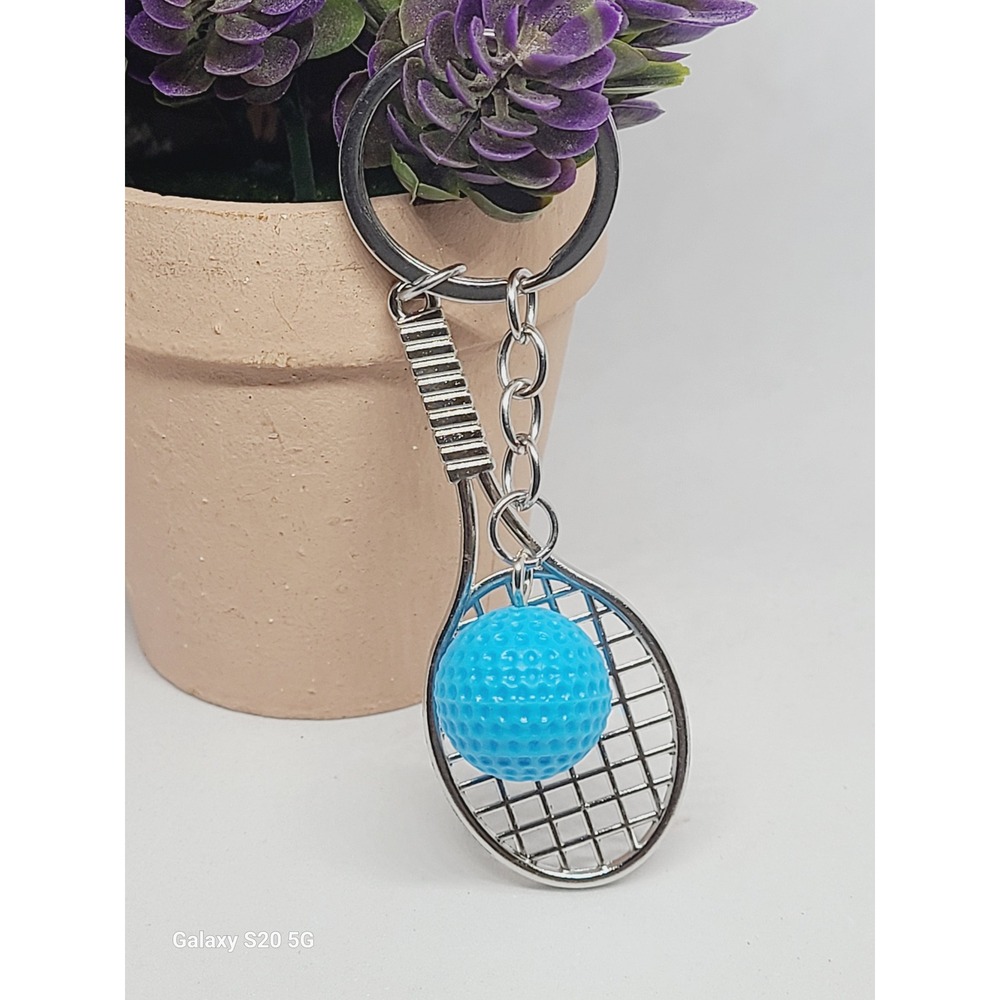 Handmade Silver Tennis Racket and Blue Ball‎ Keychain Women Sport Fan Accessory